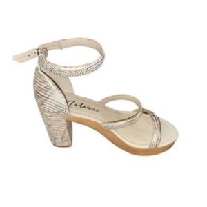 Matisse Wooden & Leather Snake Embossed Ankle Strap Sandal